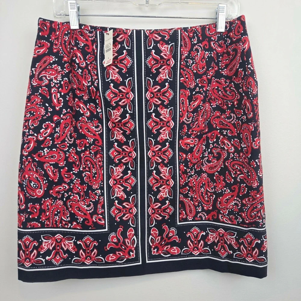 Talbots Womens Navy Red Paisley Print Pencil Skirt Size 8 NWT Nautical Lined
